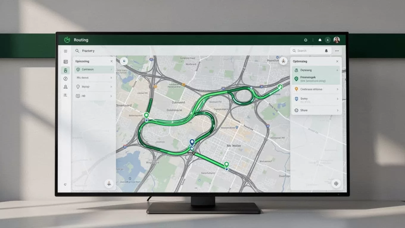 A screen showing a route planning map with a dark green header.