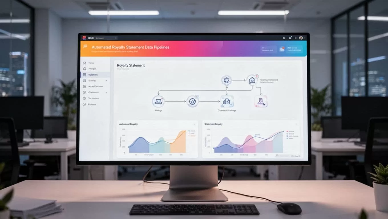 Software dashboard showing automated royalty data pipelines under a Royalty Data banner.