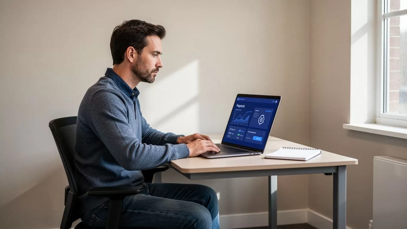 A manager reviews a laptop beside a notebook and payment dashboard.