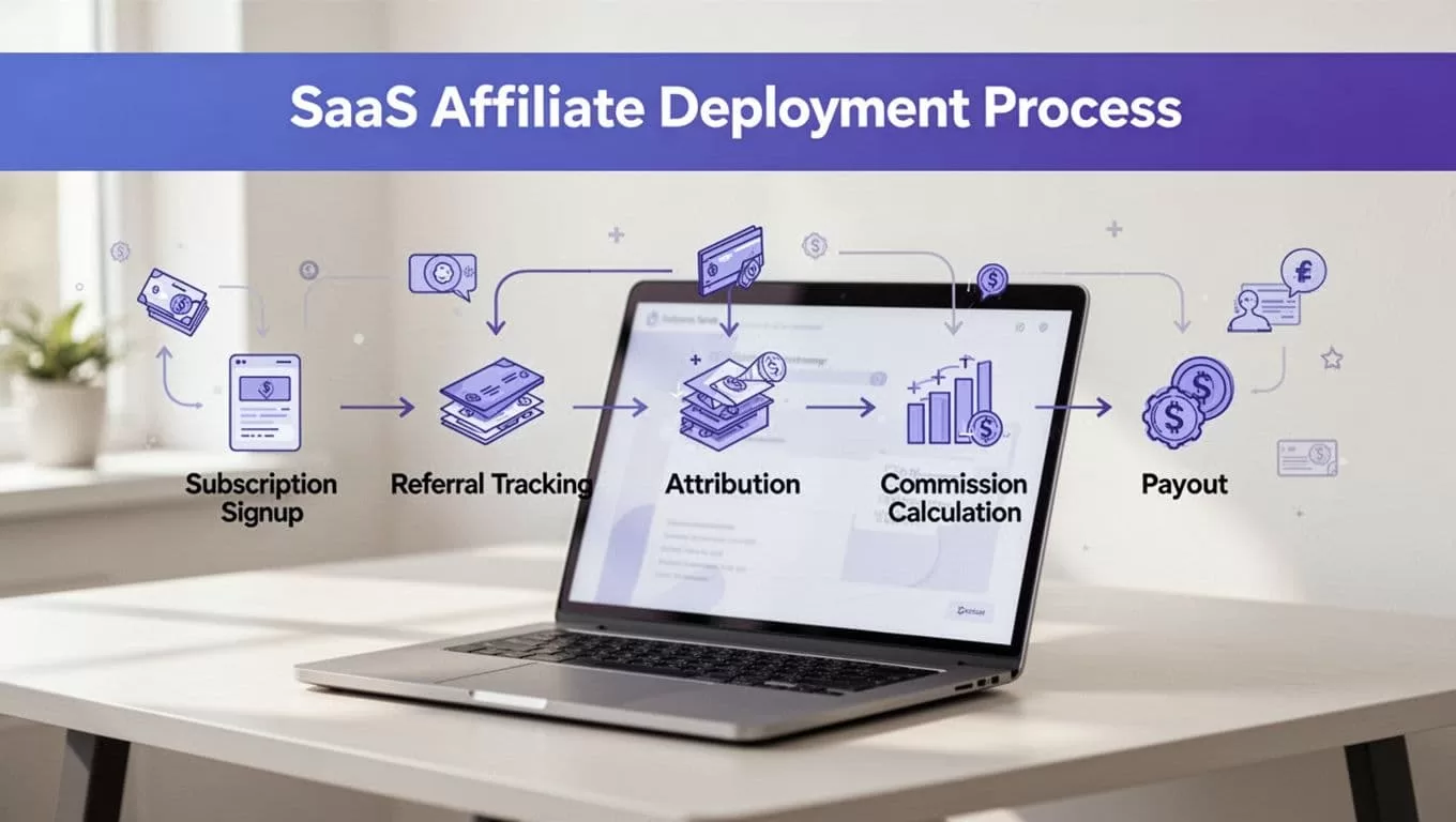 A SaaS affiliate workflow links signup, tracking, commissions, and payouts in a blue and purple diagram.