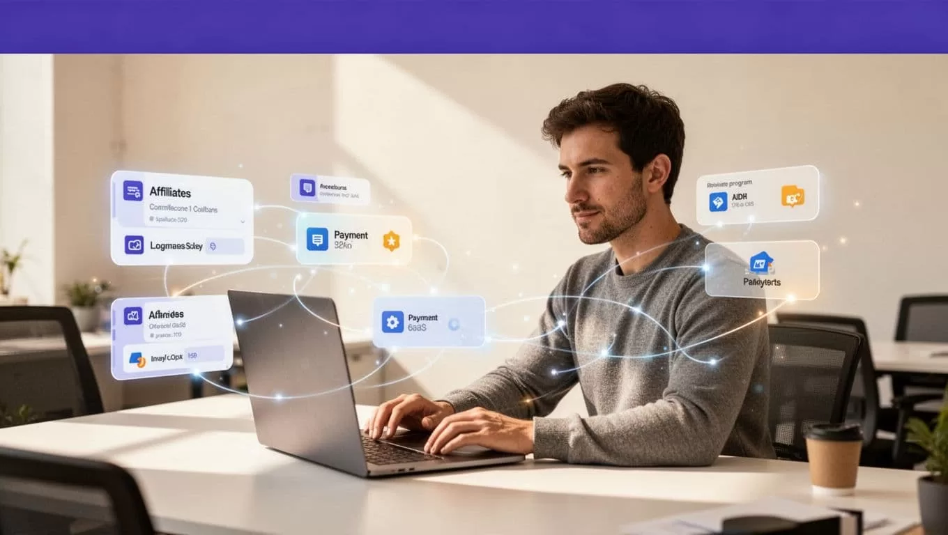 Founder configuring an affiliate setup beside a laptop and floating dashboard shapes.