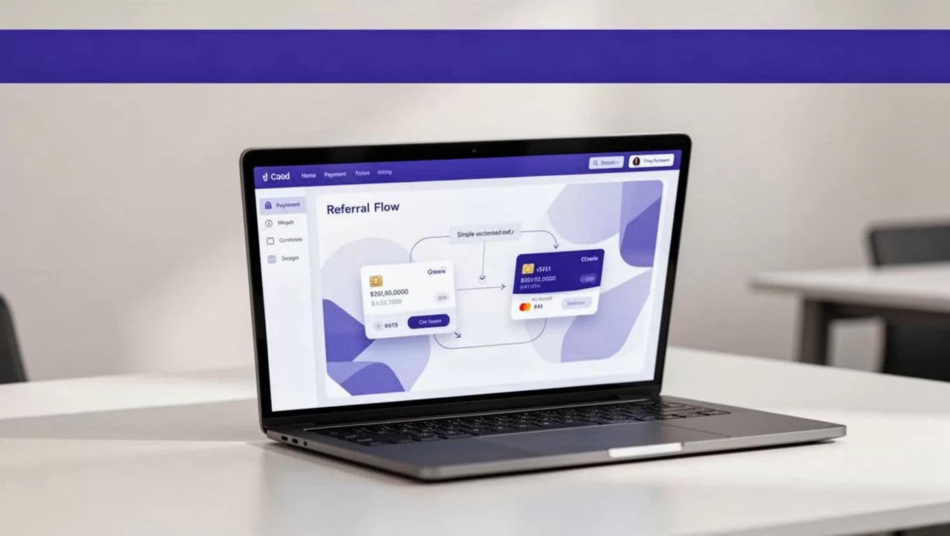 A laptop displays an affiliate setup with connected payment and referral cards.