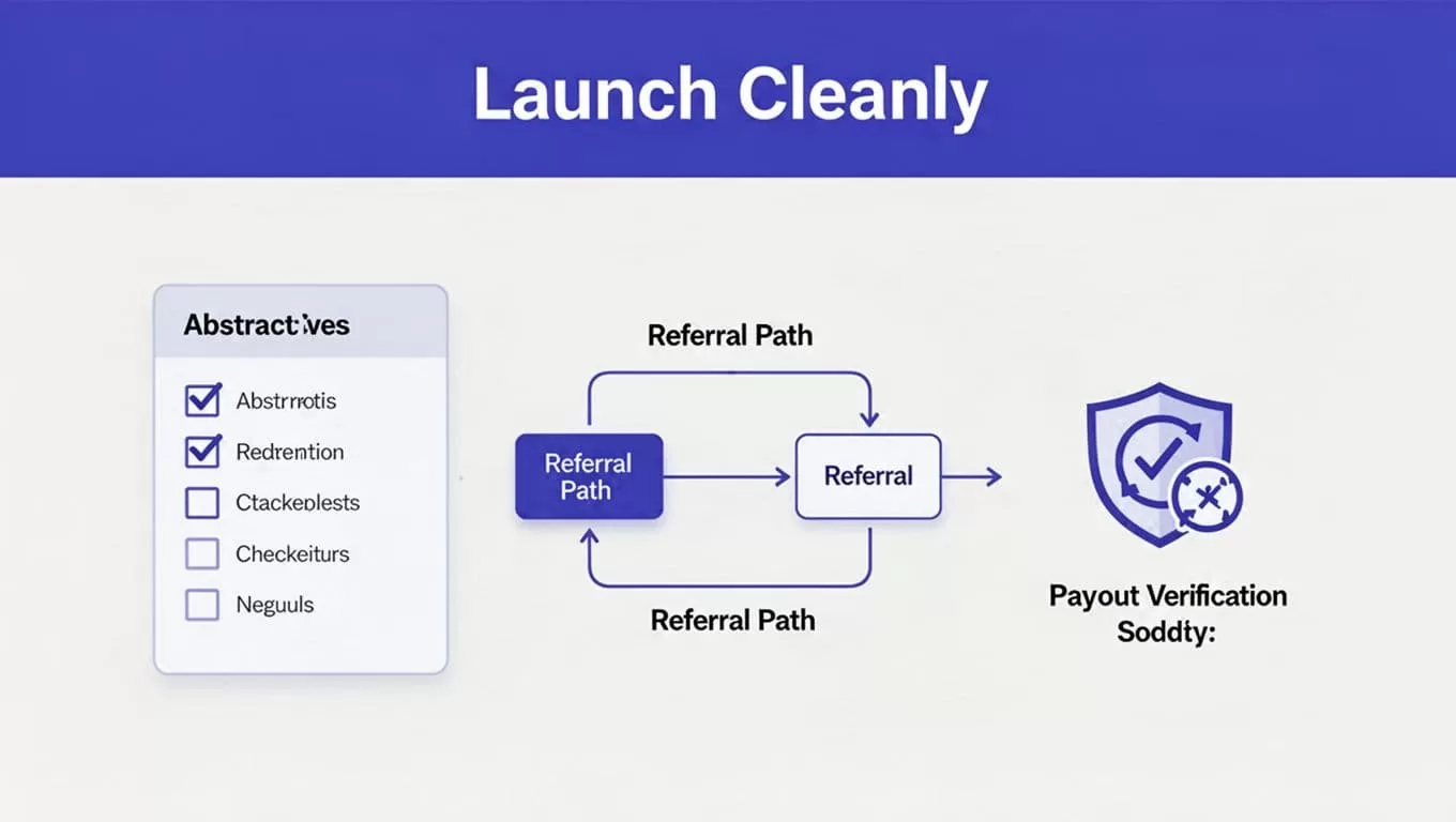 Three linked stages show partner onboarding, referral tracking, and payout verification.