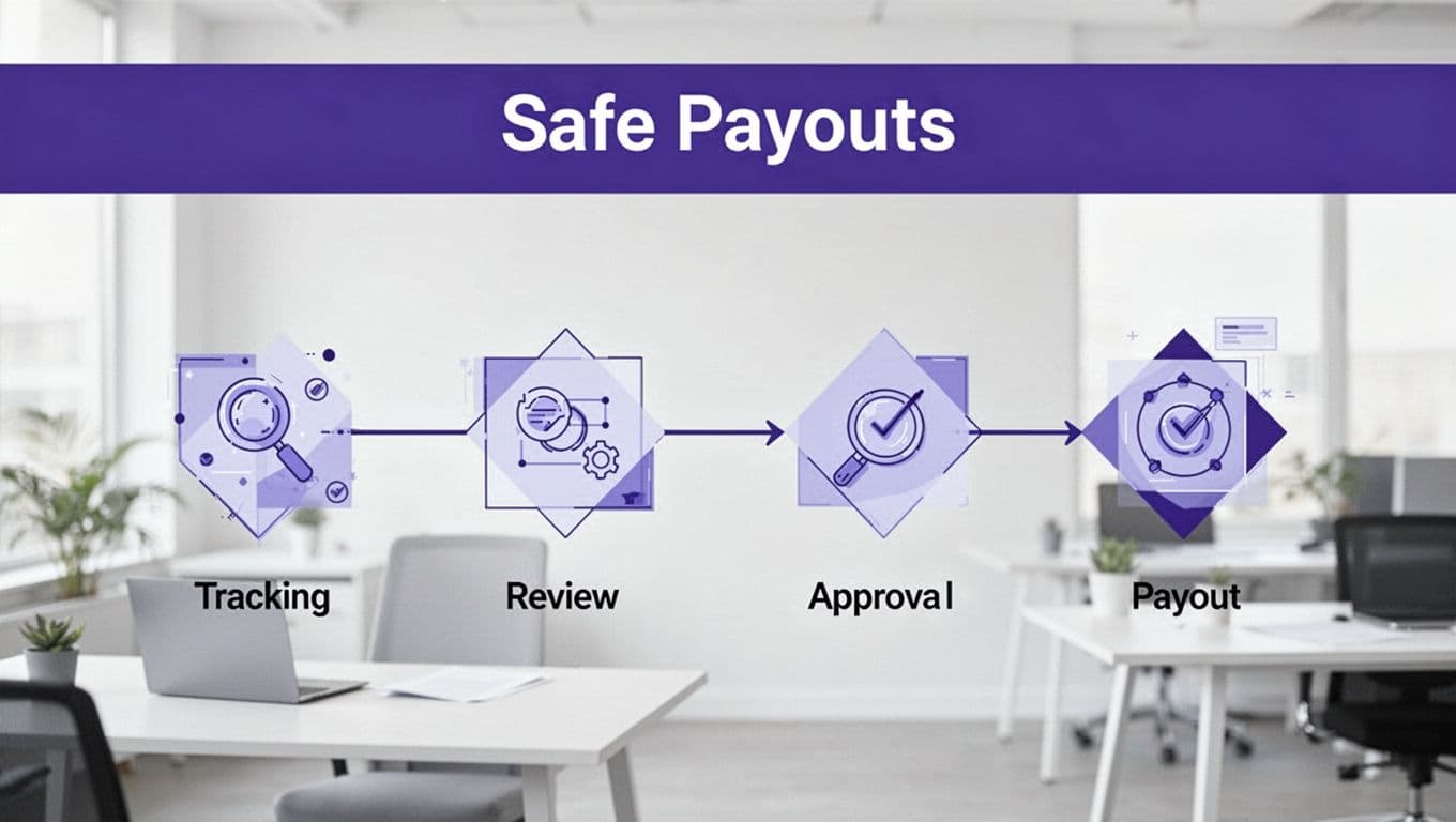 Four geometric stages form a central SaaS payout workflow beneath a Safe Payouts headline.