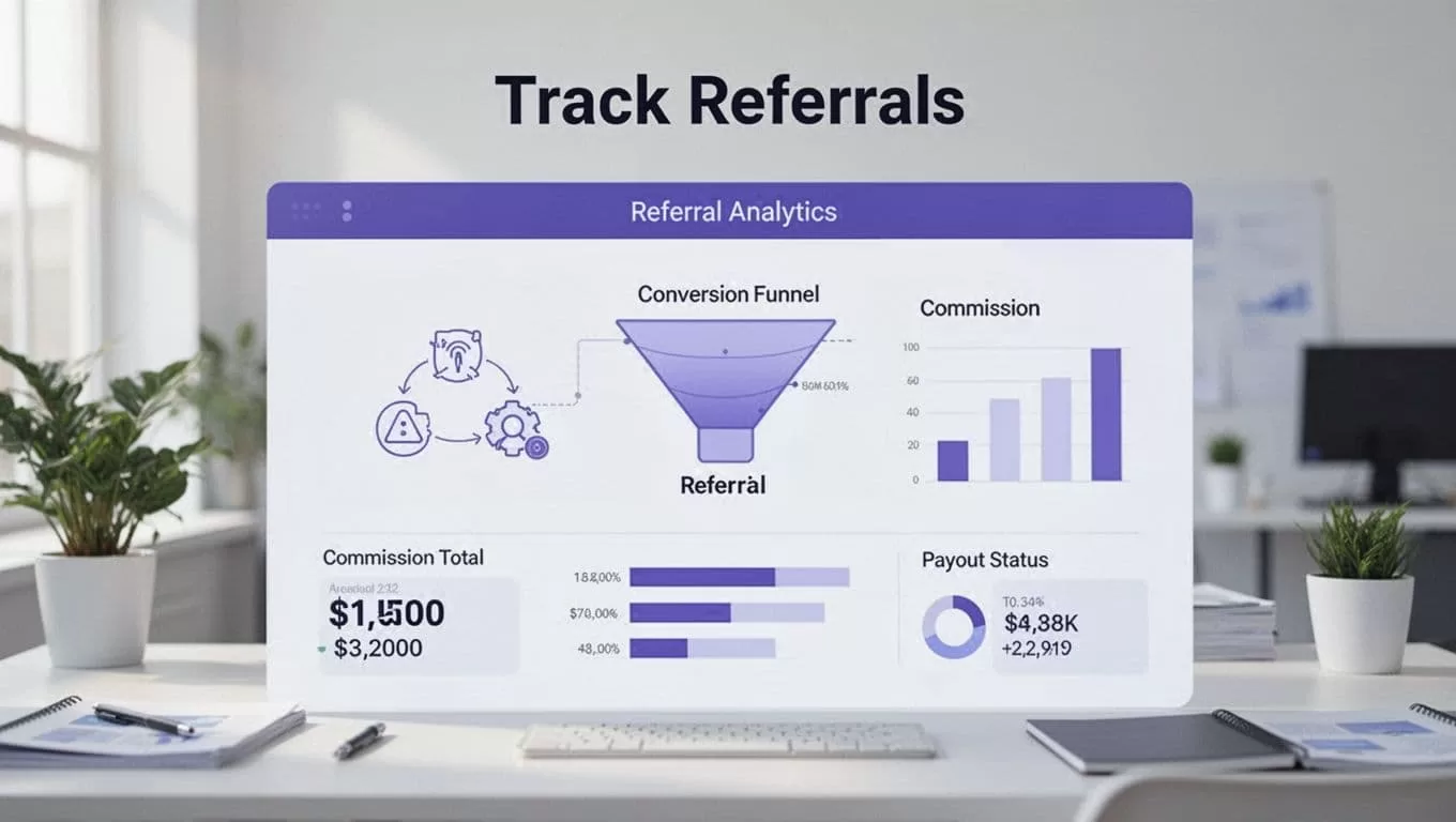 SaaS dashboard showing referral conversions, commissions, payout status, and a small referral loop.
