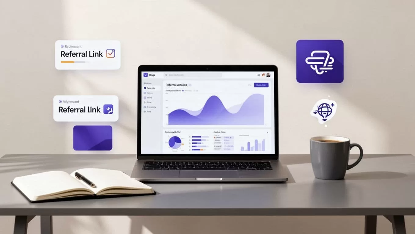 Laptop showing an analytics dashboard with referral cards, a notebook, and coffee on a clean desk.