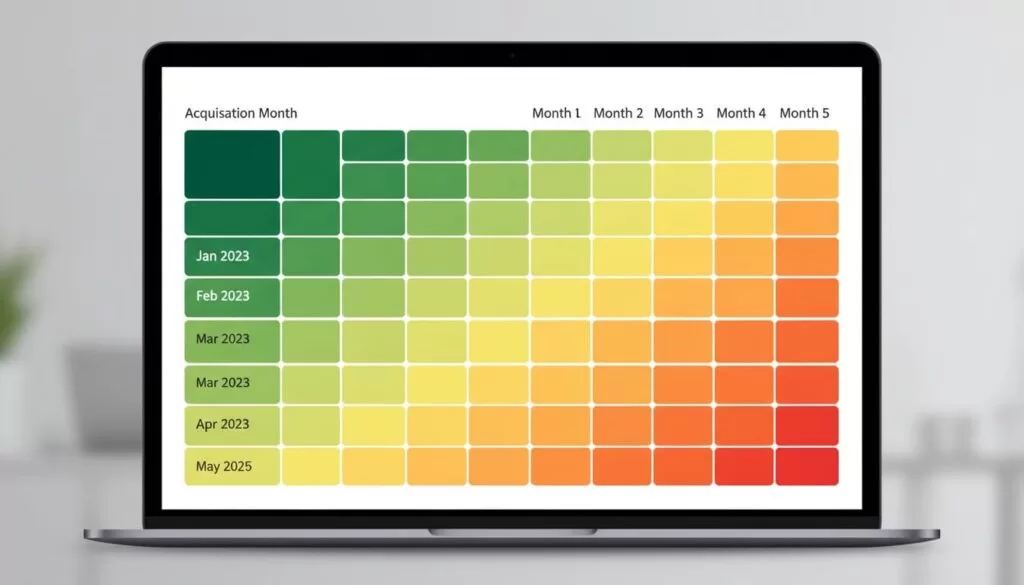 Modern illustration of a revenue cohort table in a SaaS dashboard, featuring rows for customer acquisition months, columns for retention periods, and color-coded cells from dark green for high revenue to red for low revenue, on a centered laptop screen with neutral background.