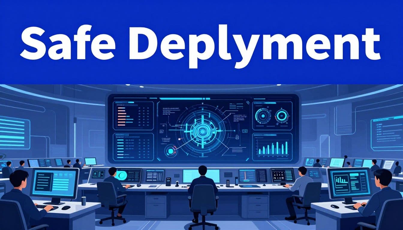 An operator monitors a segmented automation diagram with approval and rollback controls.