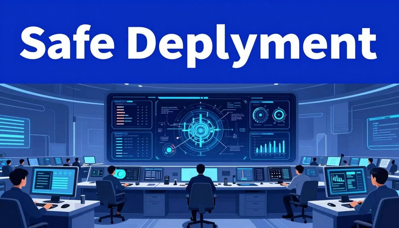 An operator monitors a segmented automation diagram with approval and rollback controls.