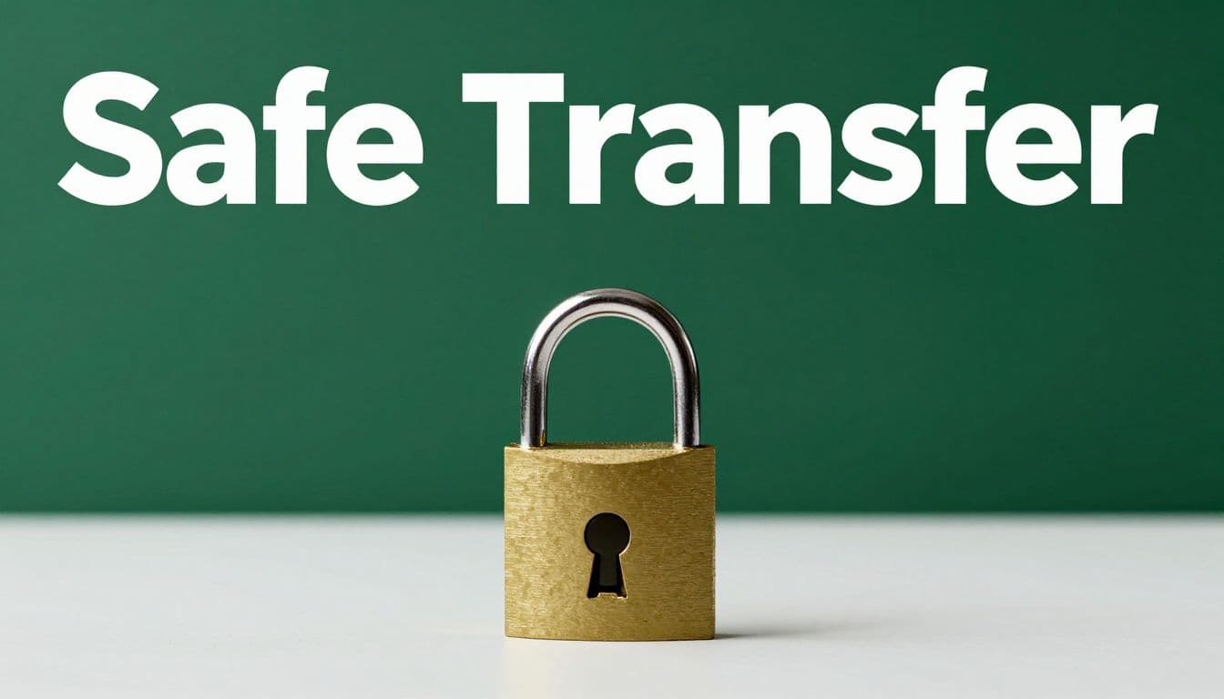 A digital lock sits below a dark green band and the words Safe Transfer.