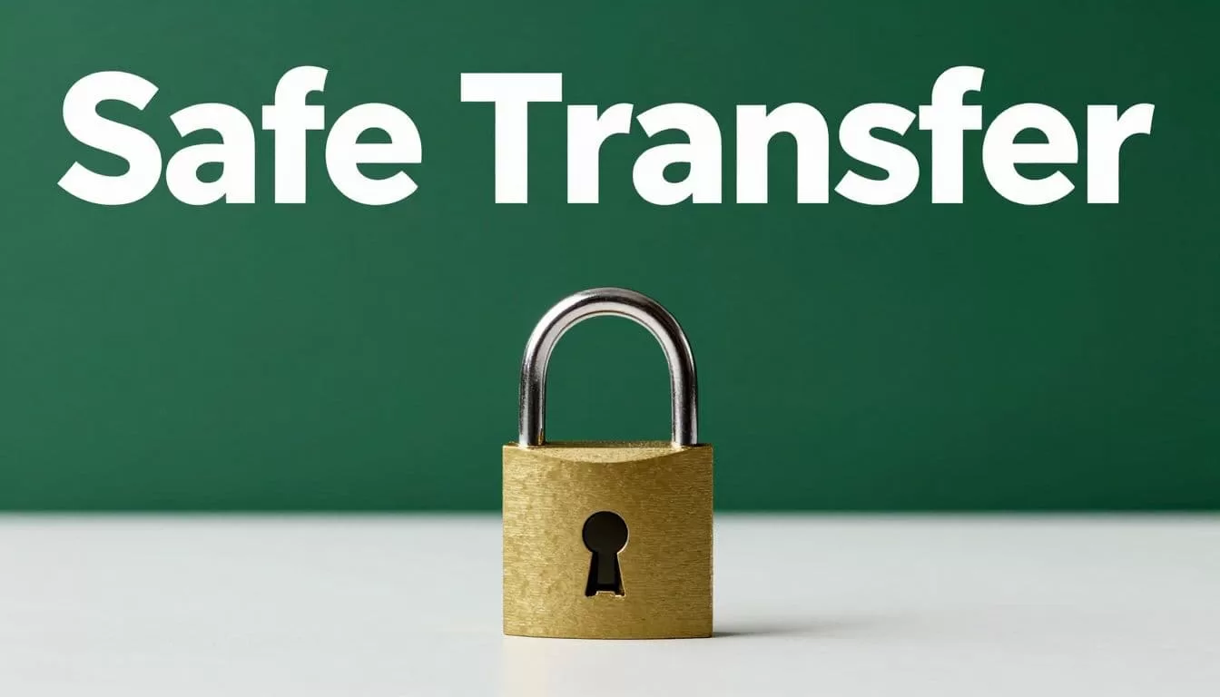 A digital lock sits below a dark green band and the words Safe Transfer.