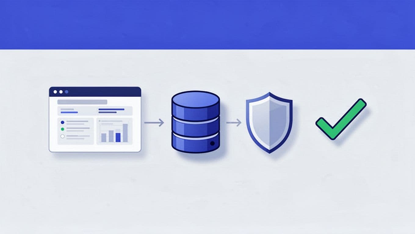Abstract browser pages, database, shield, and check show a secure review workflow.