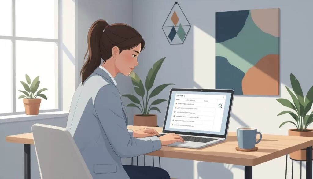 Modern illustration of a sales professional at a desk with laptop open to Hunter.io dashboard displaying email search results, coffee mug nearby, in a clean office with natural lighting and focus on screen.