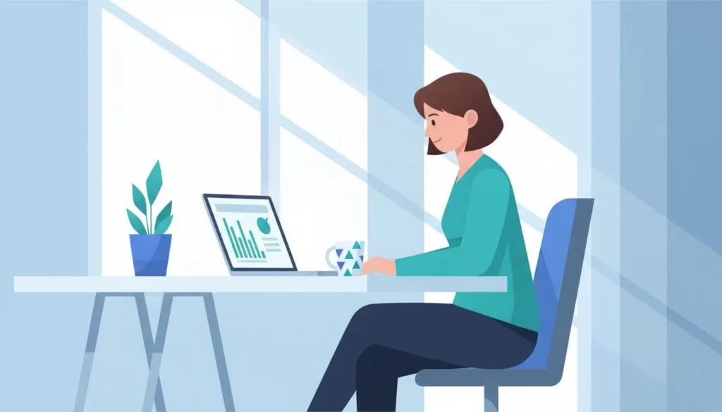 Sales team member in bright office at desk with laptop showing domain email search results at an angle, coffee mug nearby, modern illustration in blue-green palette.