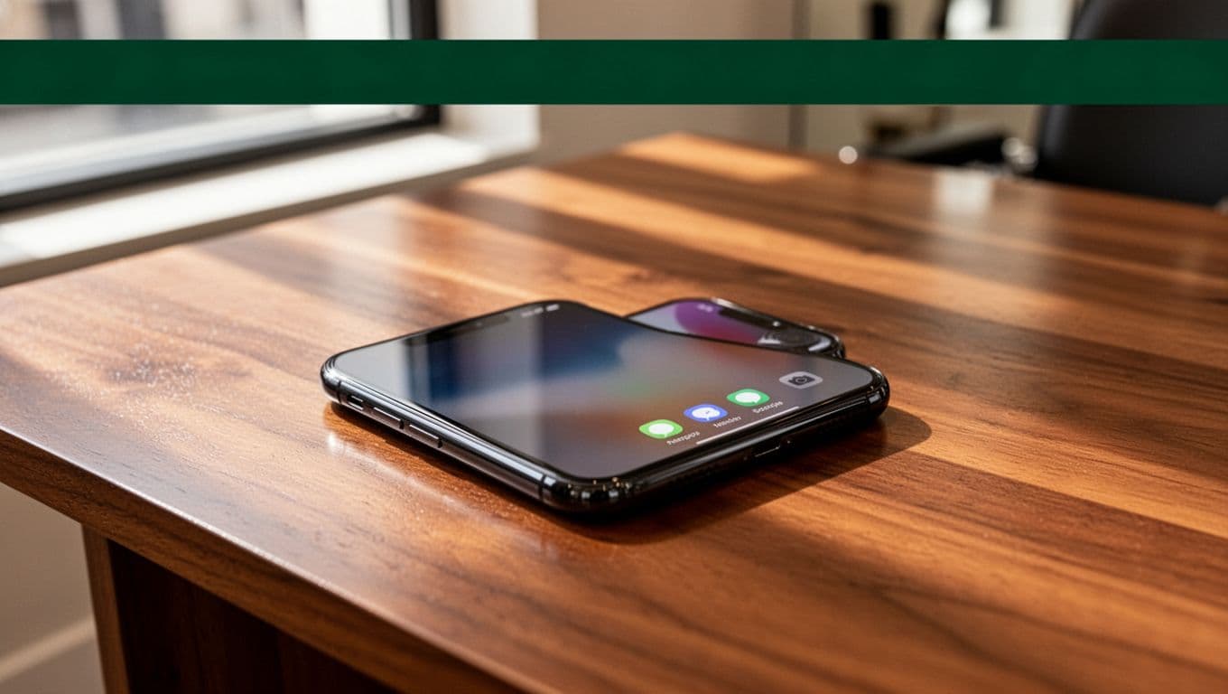 A smartphone showing client text notifications on a wooden desk in a salon office.