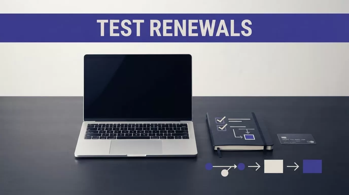 Laptop, notebook, payment card, and renewal timeline beneath a Test Renewals headline.