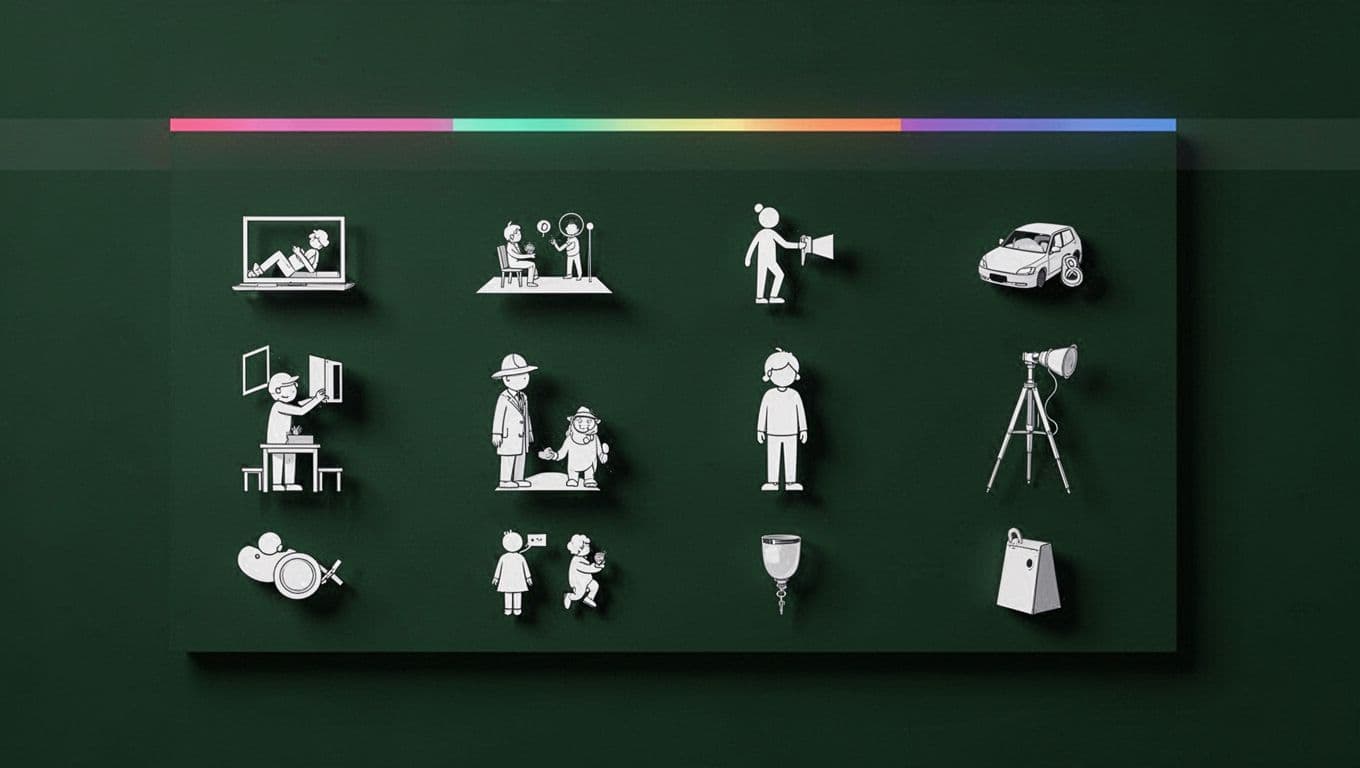 Dark green layout showing fields for scenes, characters, and props.
