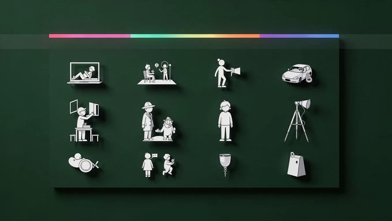Dark green layout showing fields for scenes, characters, and props.