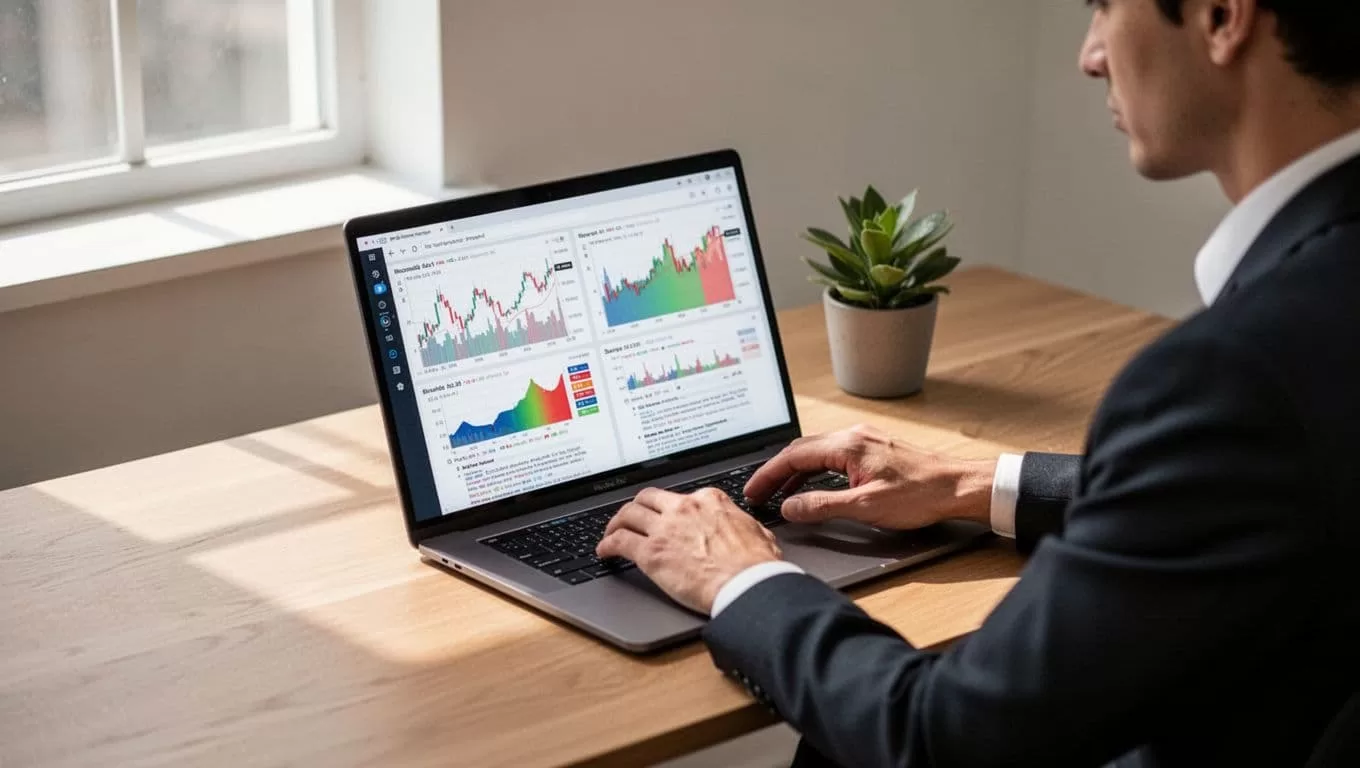 Person working at a desk with financial charts and documents beneath a Filing Data banner.