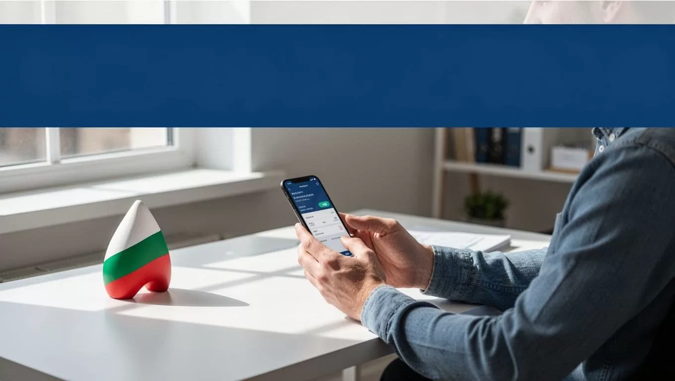 A person securely sending money to Bulgaria with a smartphone at a home office desk.