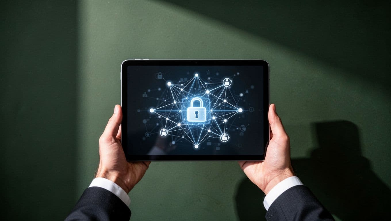 Professional holding a tablet showing a secure smart contract deployment interface.