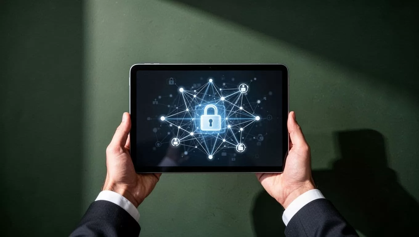Professional holding a tablet showing a secure smart contract deployment interface.