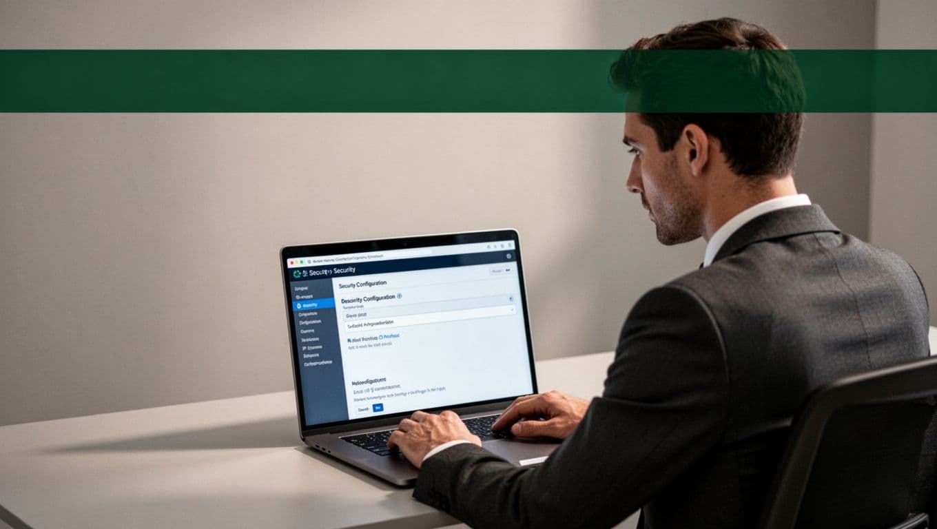 A professional viewing security settings on a laptop beneath a green CREDENTIALS banner.