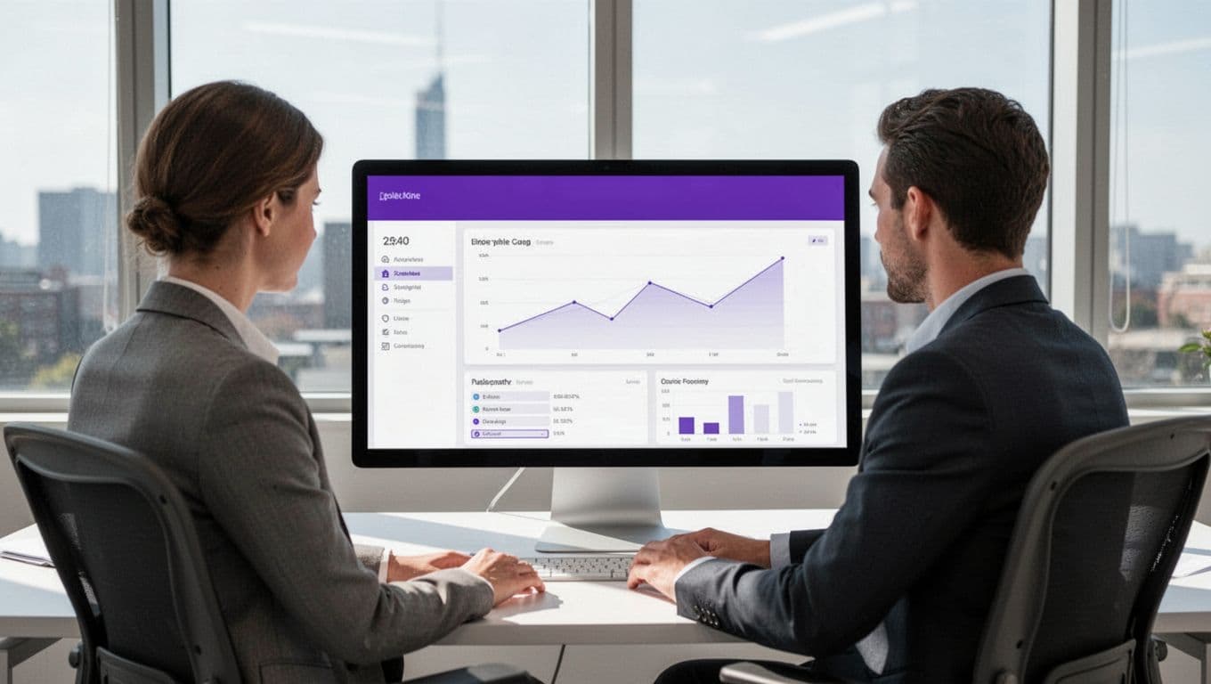 A person works beside a secure data dashboard in a bright modern office.