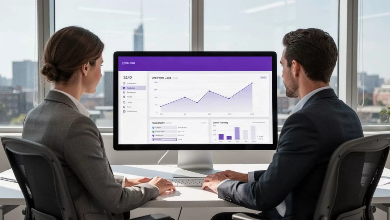 A person works beside a secure data dashboard in a bright modern office.