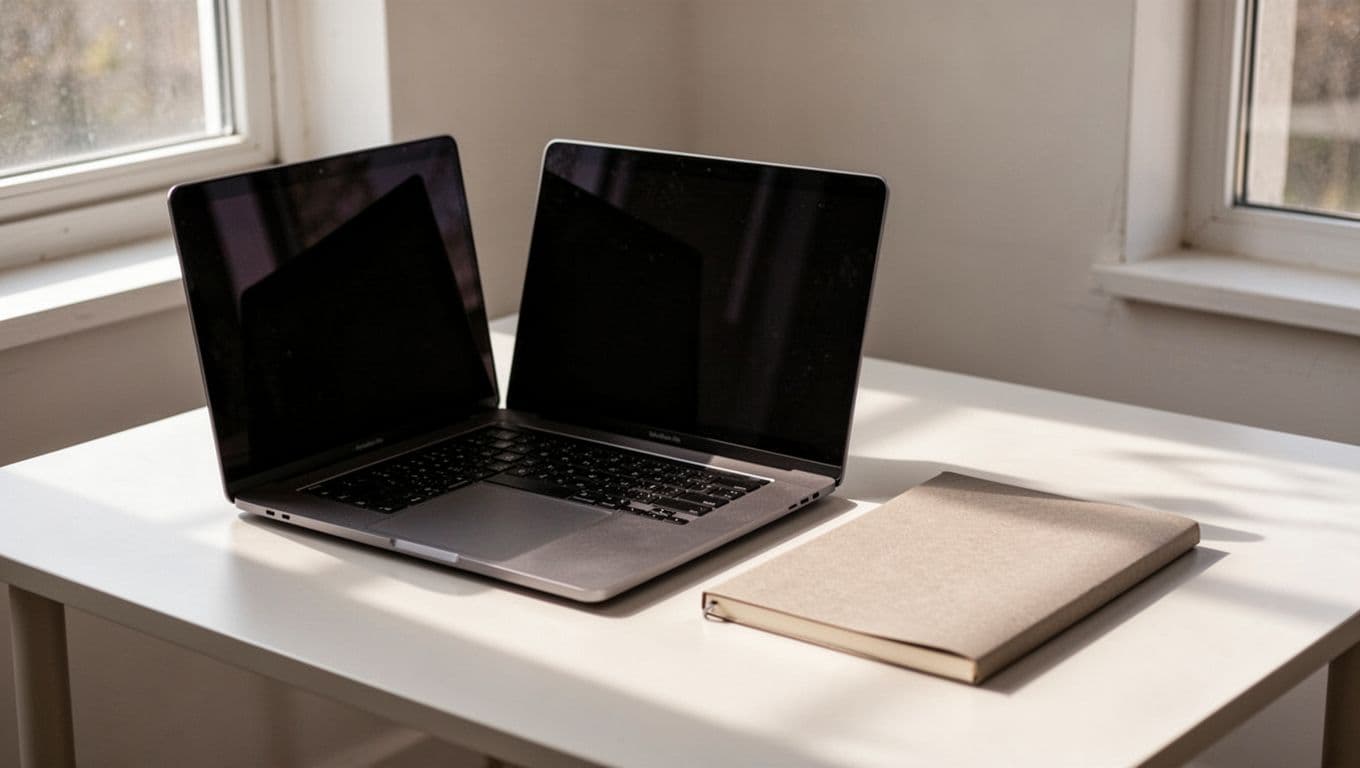 A laptop and closed notebook on a clean desk in soft natural light.