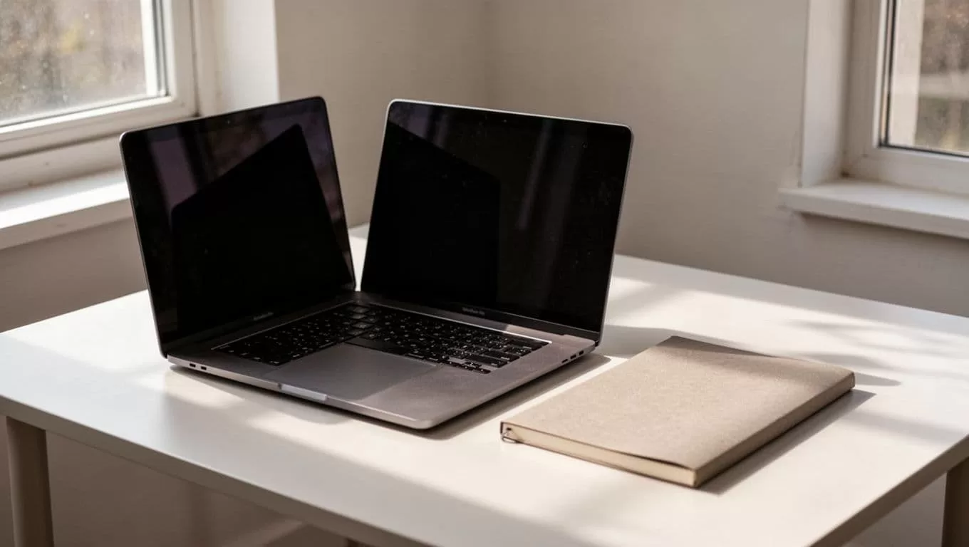 A laptop and closed notebook on a clean desk in soft natural light.