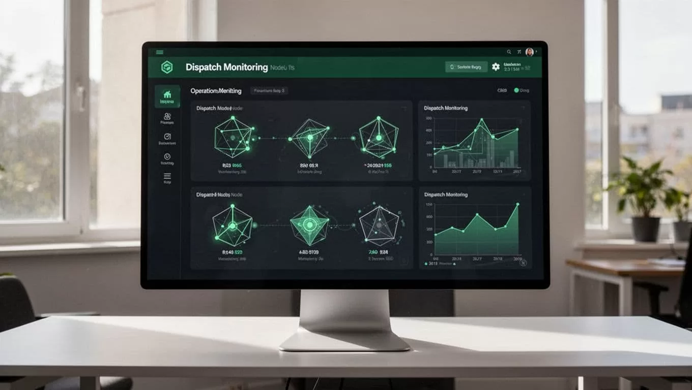 Computer screen showing a secure dispatch monitoring dashboard with connected workflow nodes.