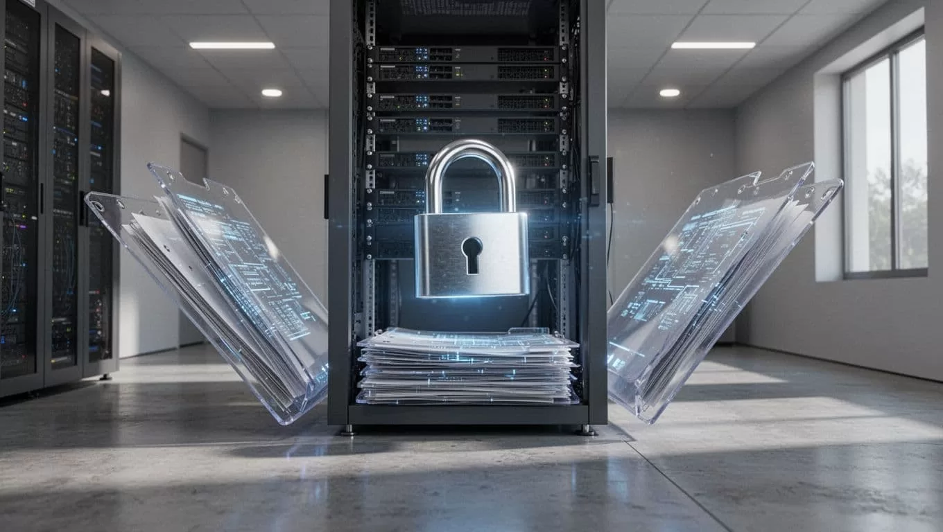 Folders and a database symbolize secure file access.