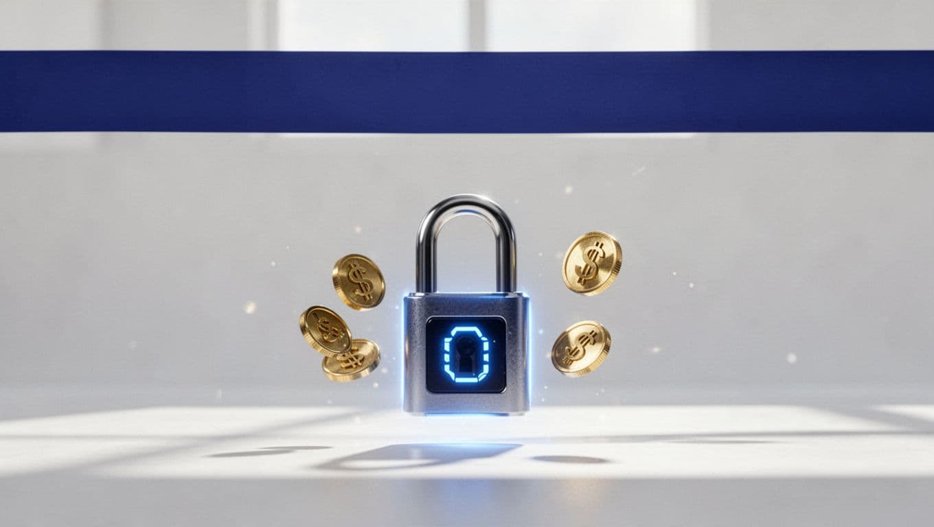 Indigo banner above a digital lock and currency exchange symbols.