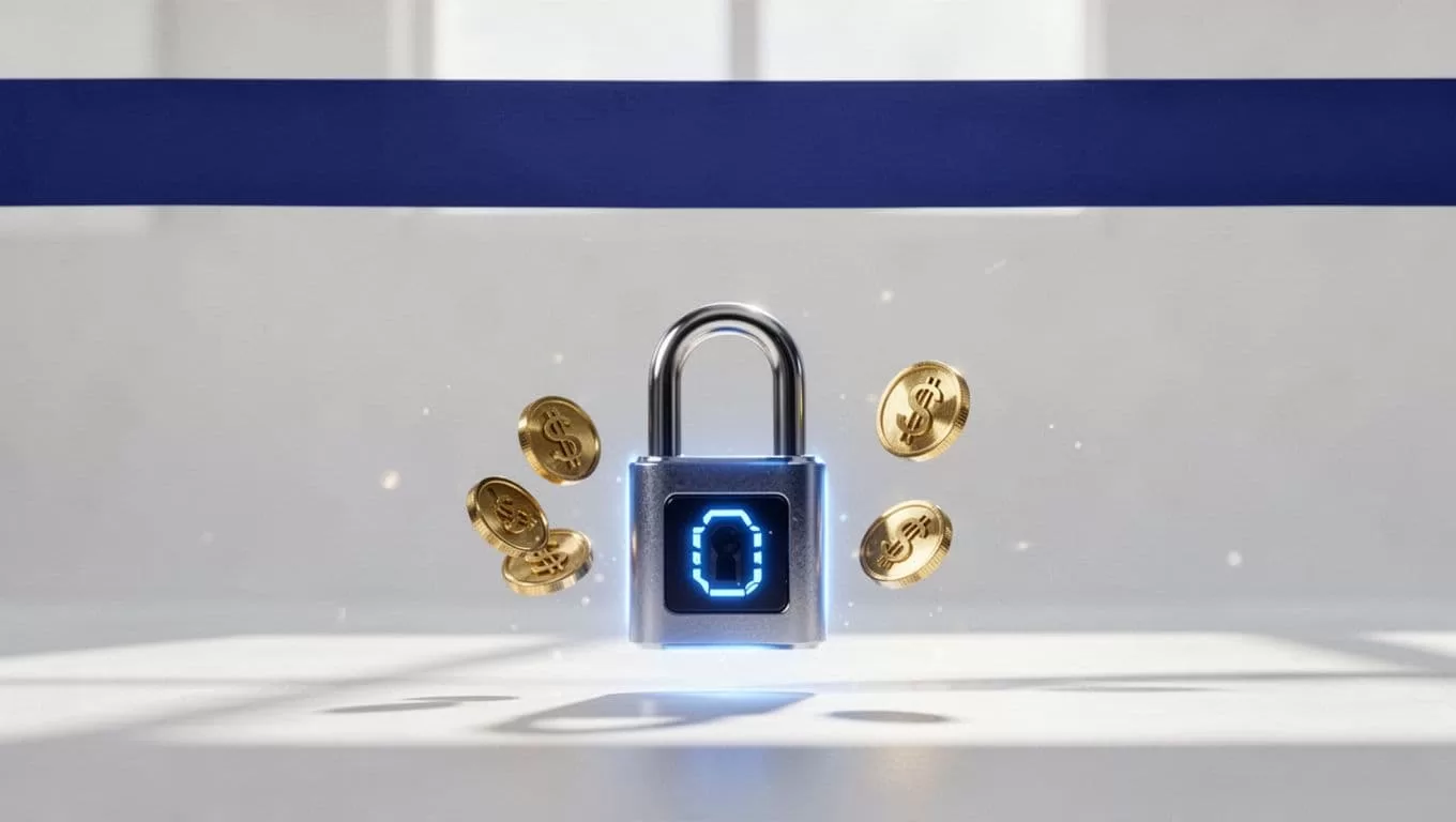 Indigo banner above a digital lock and currency exchange symbols.