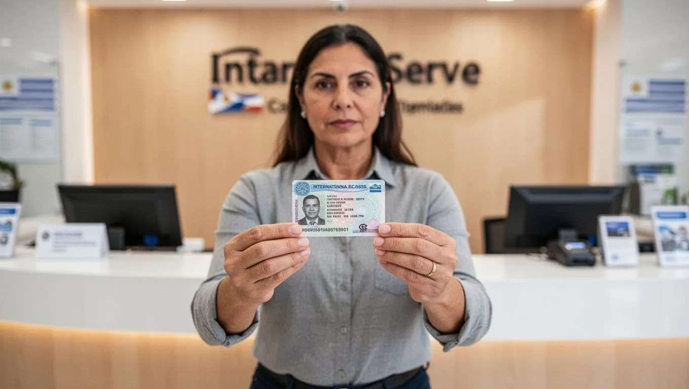 An adult holds an ID card at a bright money transfer counter beneath an indigo band.