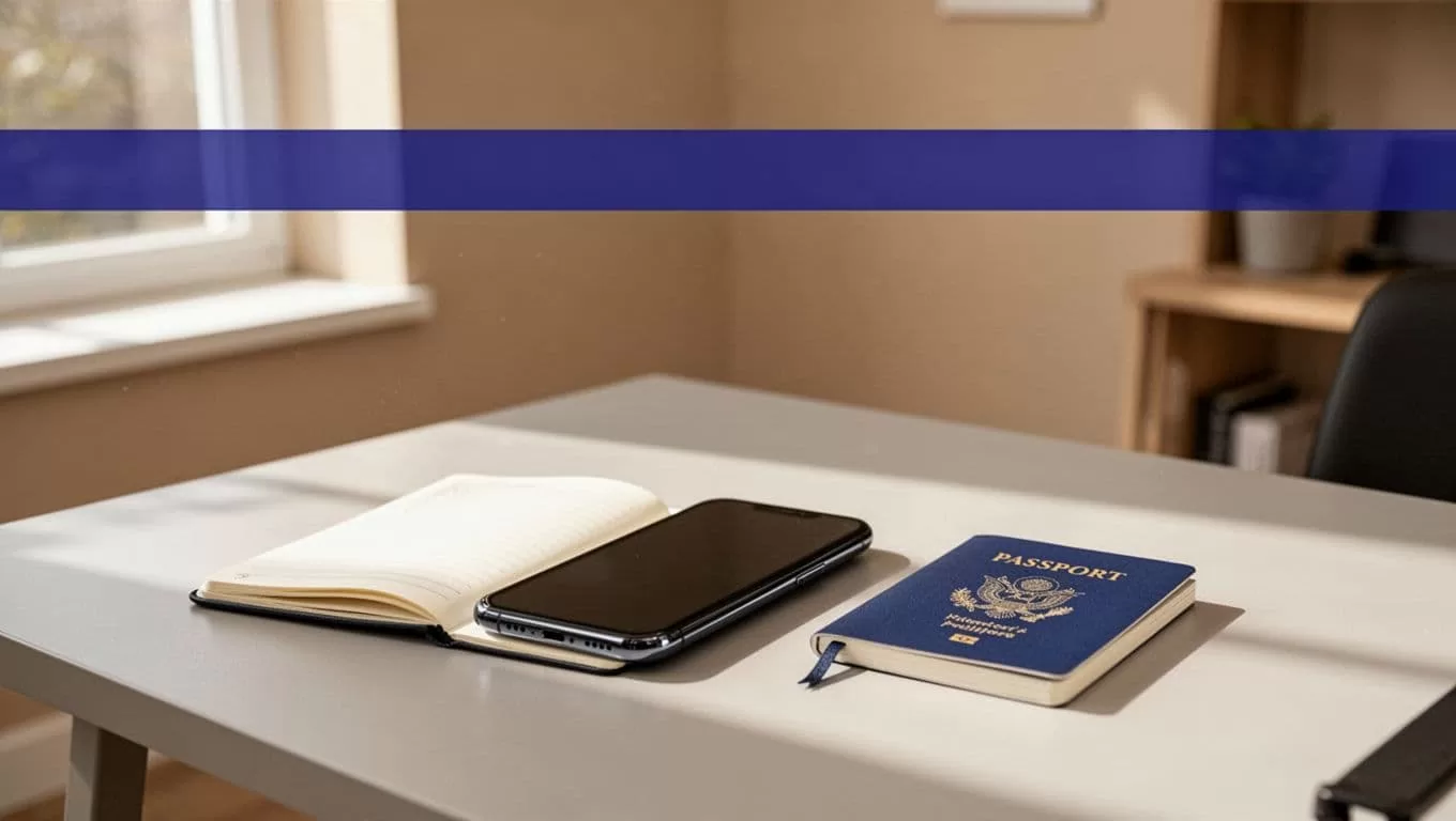 Smartphone beside a passport and notebook on a bright desk beneath an indigo headline band.