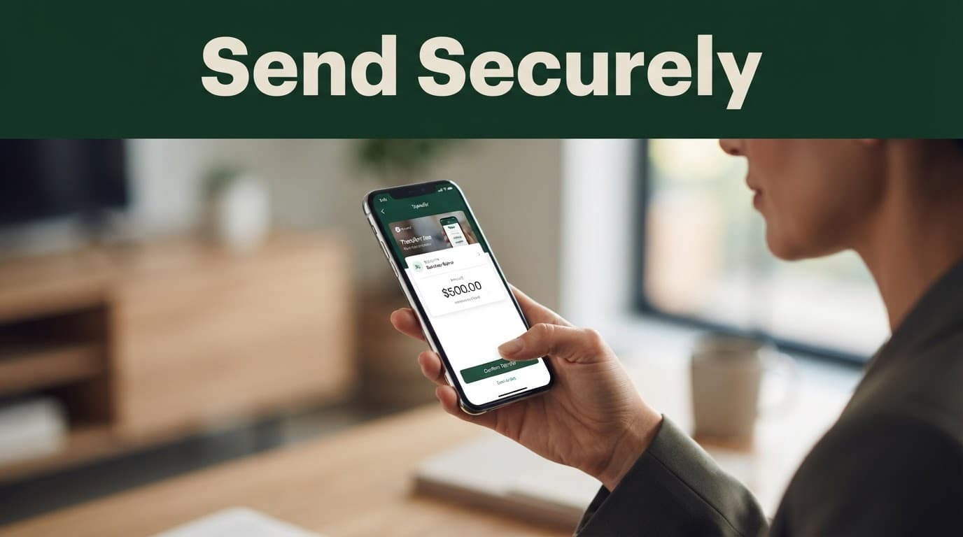 A hand holds a smartphone with a financial app below a Send Securely banner.