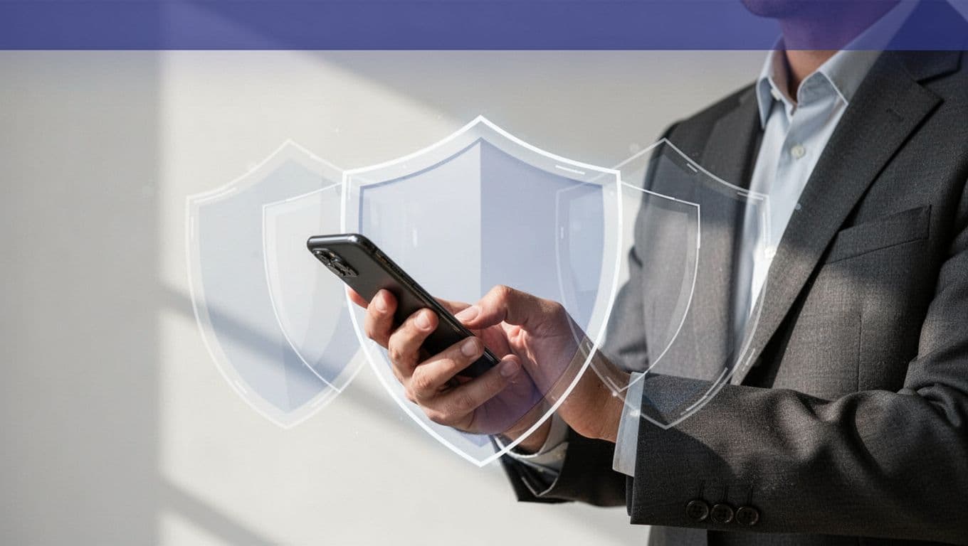 A person uses a smartphone with security shields beneath a Transfer Securely banner.