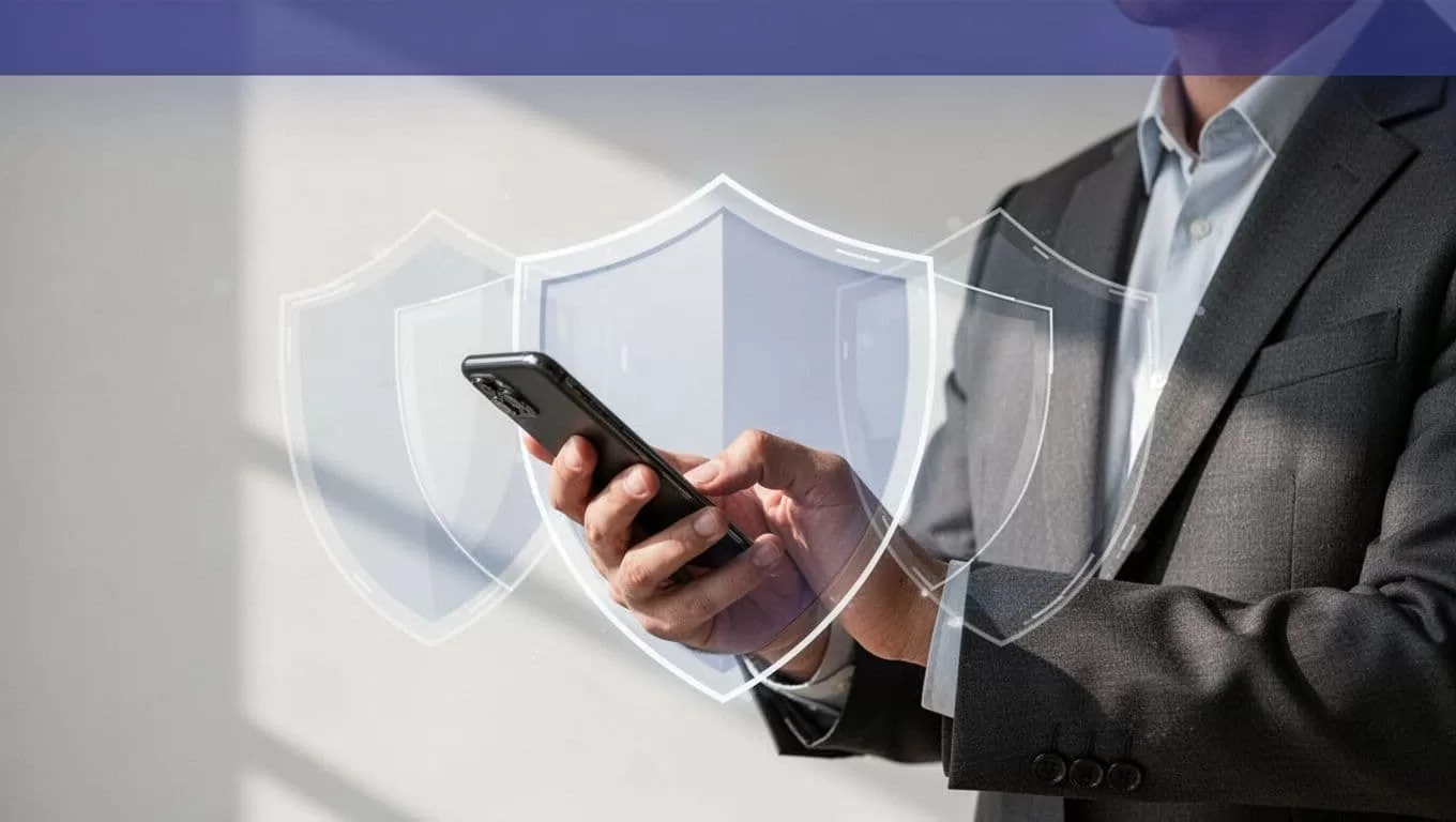 A person uses a smartphone with security shields beneath a Transfer Securely banner.