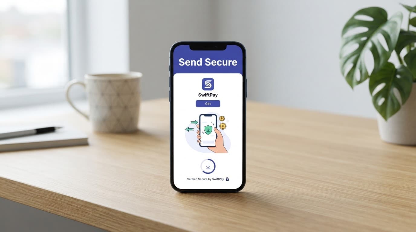 A smartphone shows a secure money transfer app on a minimalist desk.