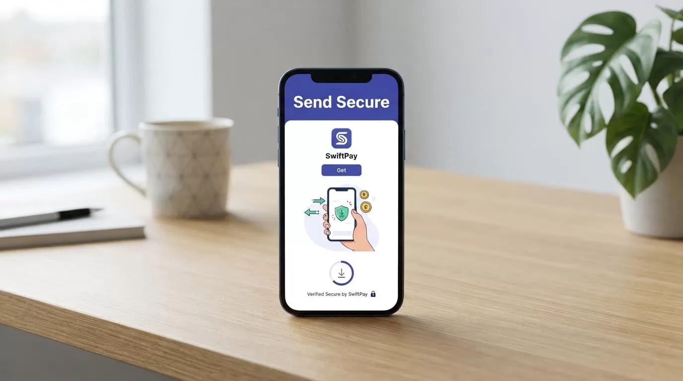 A smartphone shows a secure money transfer app on a minimalist desk.