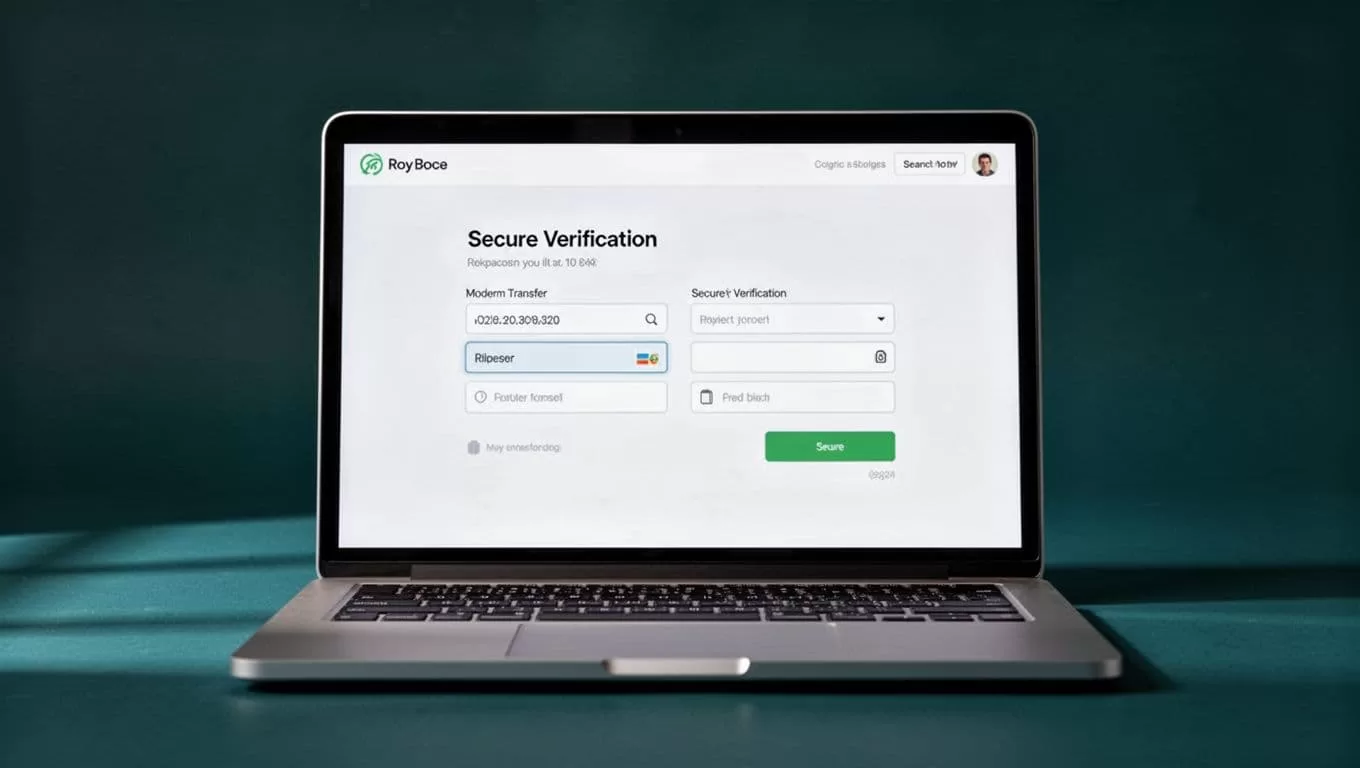Laptop showing secure money transfer fields on a dark teal interface.