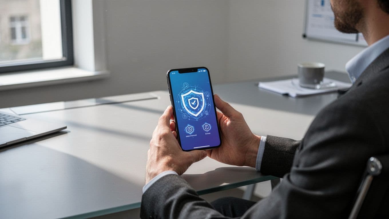 A person holding a smartphone with a secure transfer app in a modern workspace.