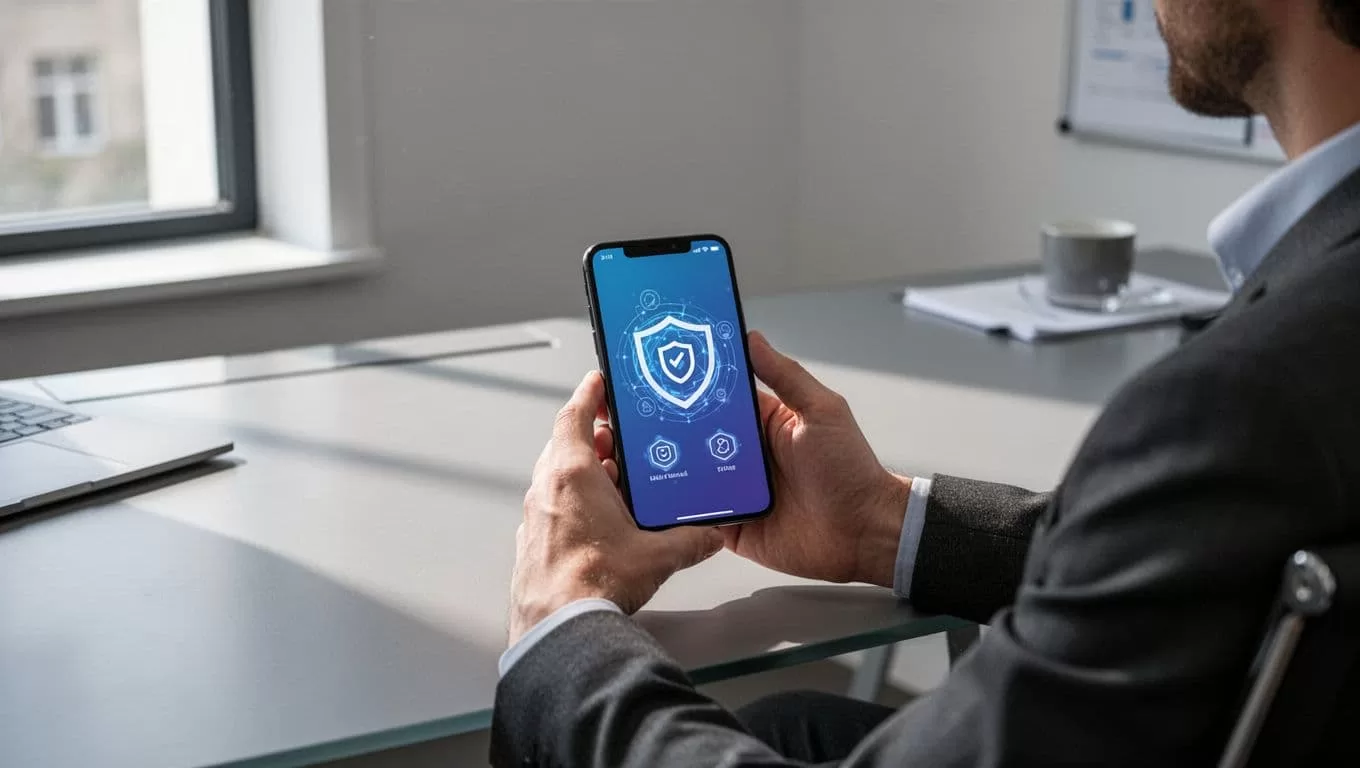 A person holding a smartphone with a secure transfer app in a modern workspace.