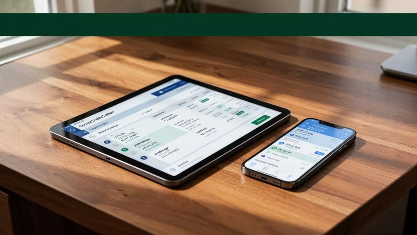 A phone and digital ledger sit on a wooden desk beneath a green Secure Payouts banner.