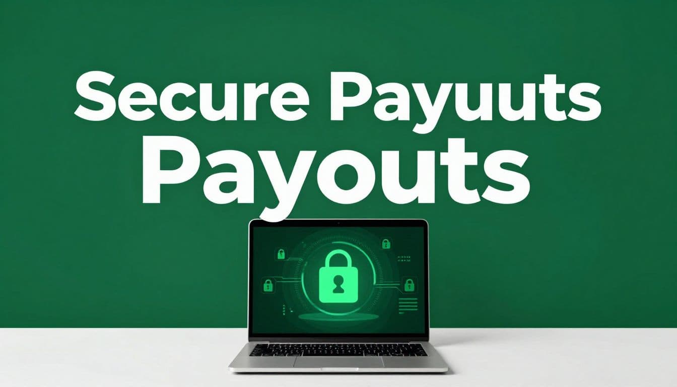 Laptop showing encryption graphics beneath a dark-green Secure Payouts banner.
