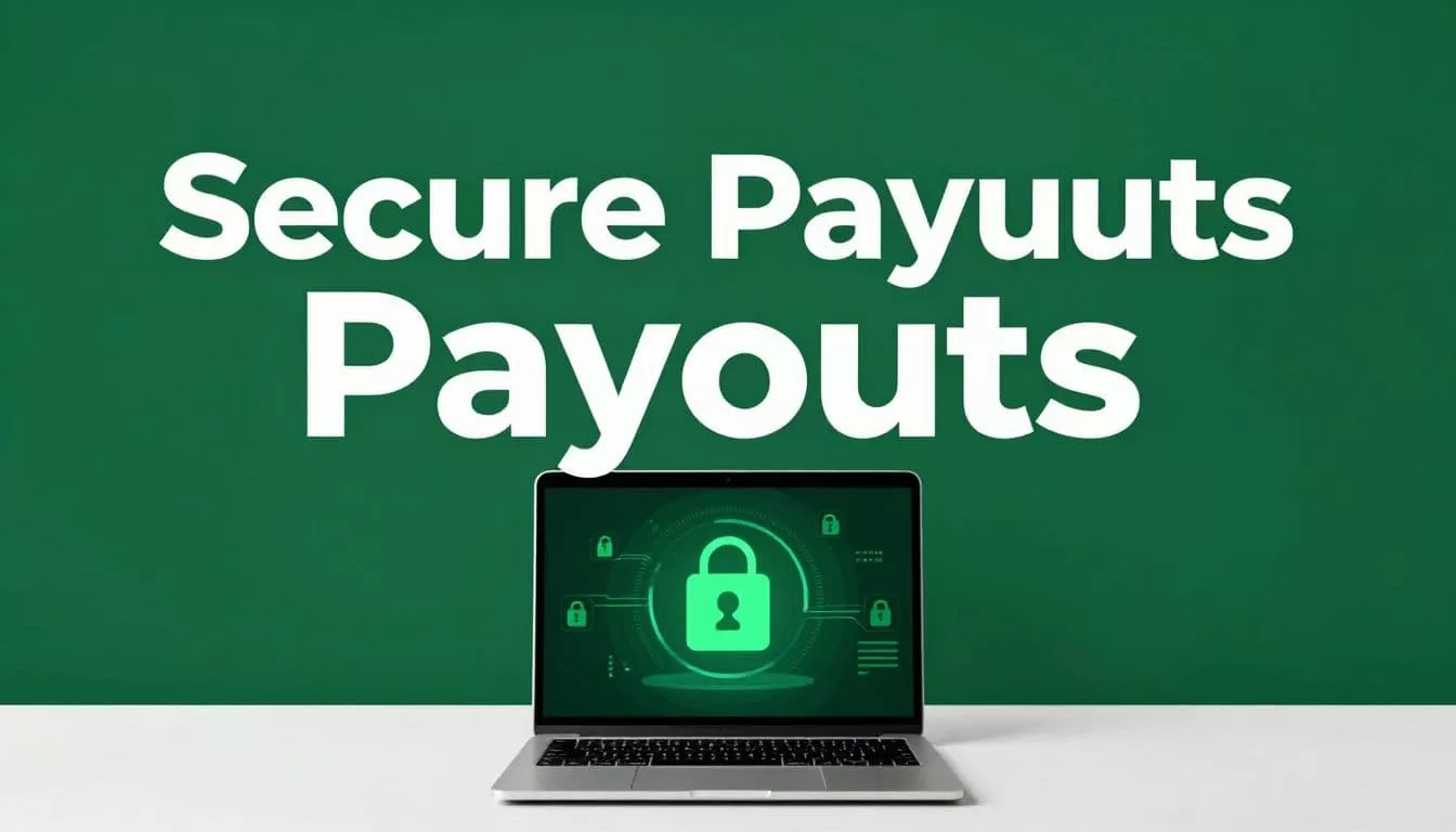 Laptop showing encryption graphics beneath a dark-green Secure Payouts banner.