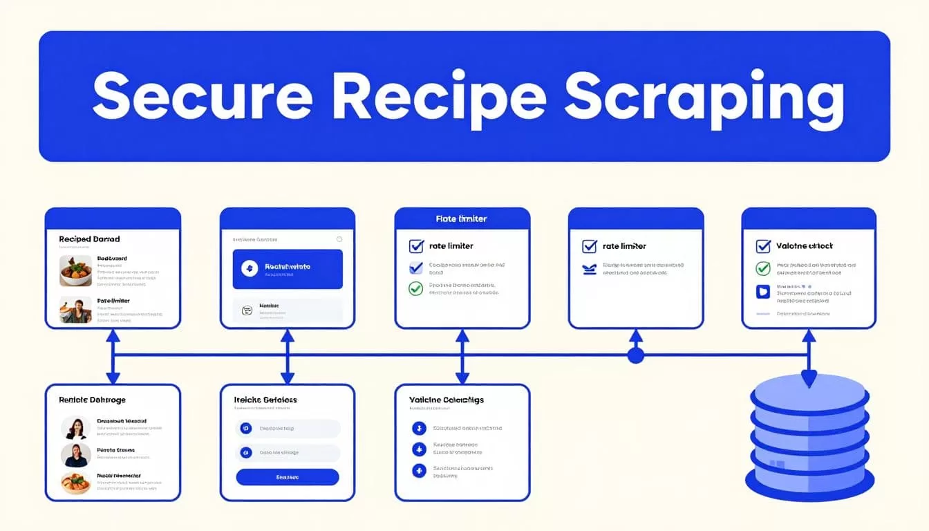 Recipe cards flow through rate limiting and validation into a database.