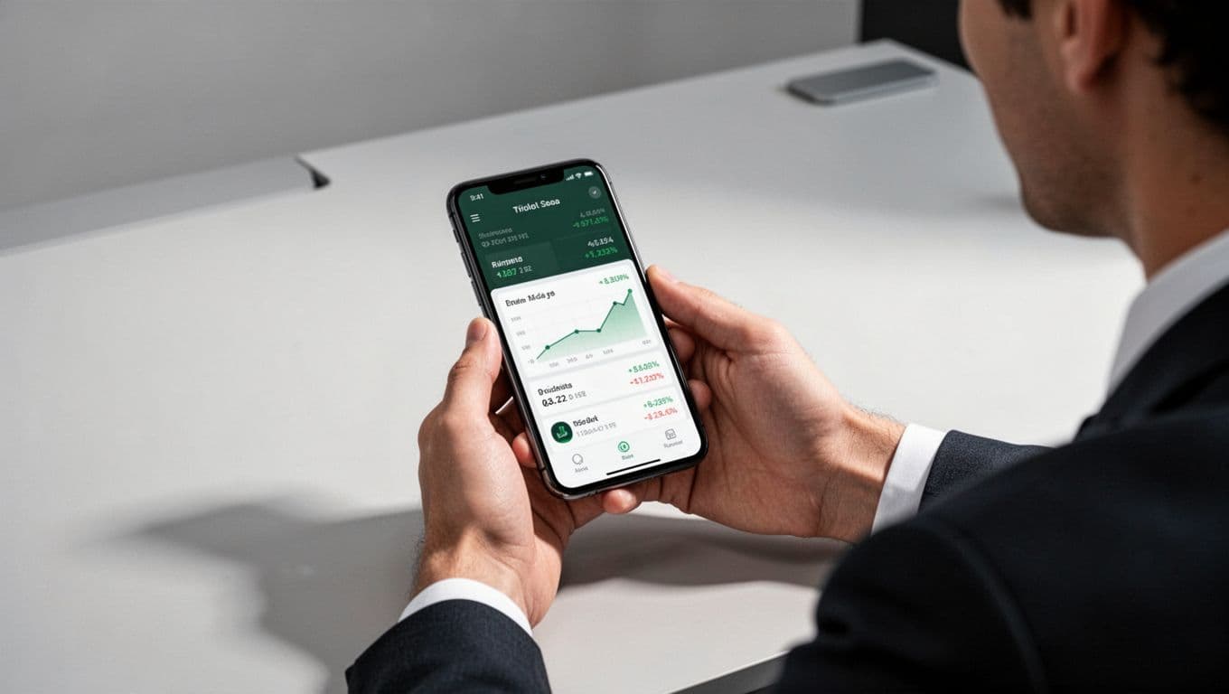 A smartphone on a desk shows a secure financial app beside one person's hand.
